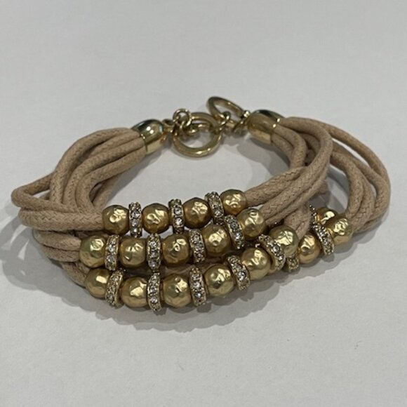 Multi-Strand Bracelet with Beige Cords, Gold Tone Beads, Rhinestones w/ Toggle - Picture 1 of 2